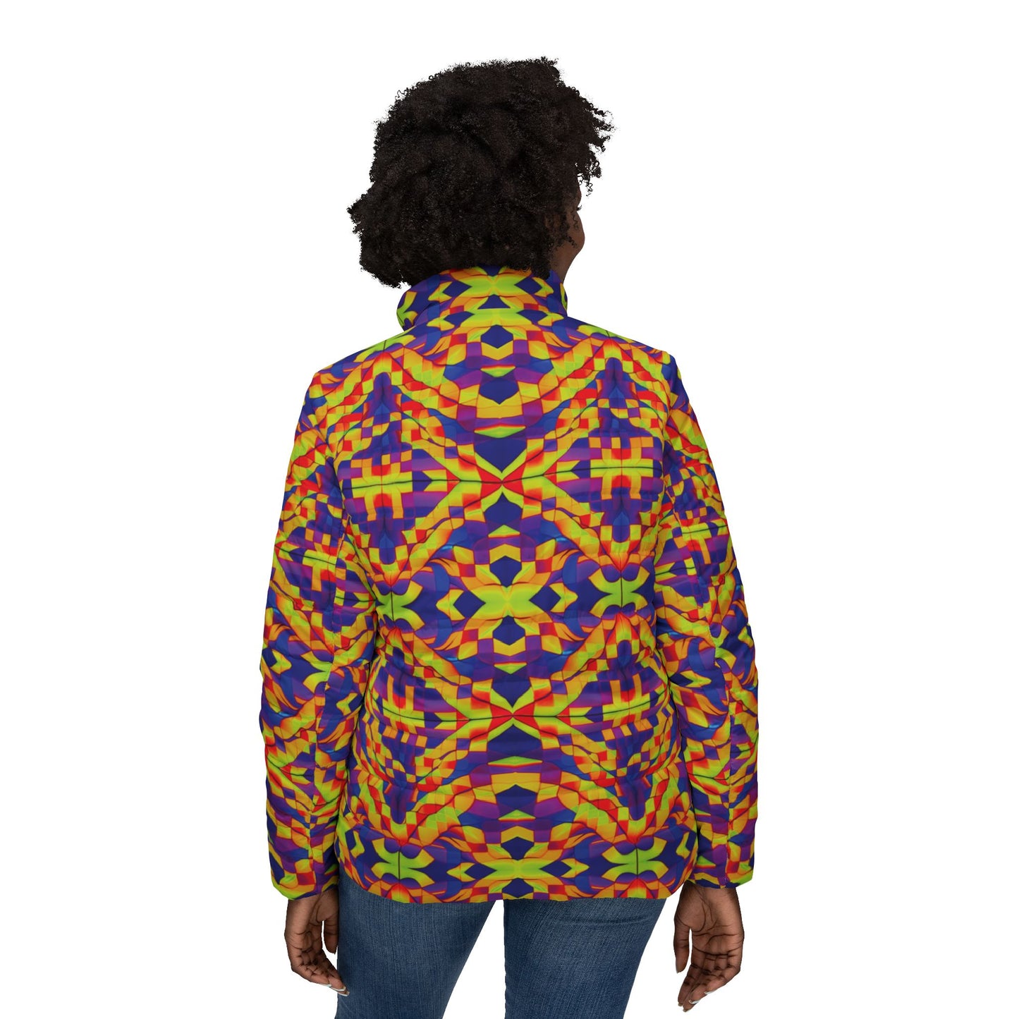 NuPlaid 01 Women’s Puffer Jacket – Bold Psychedelic Plaid Festival Outerwear