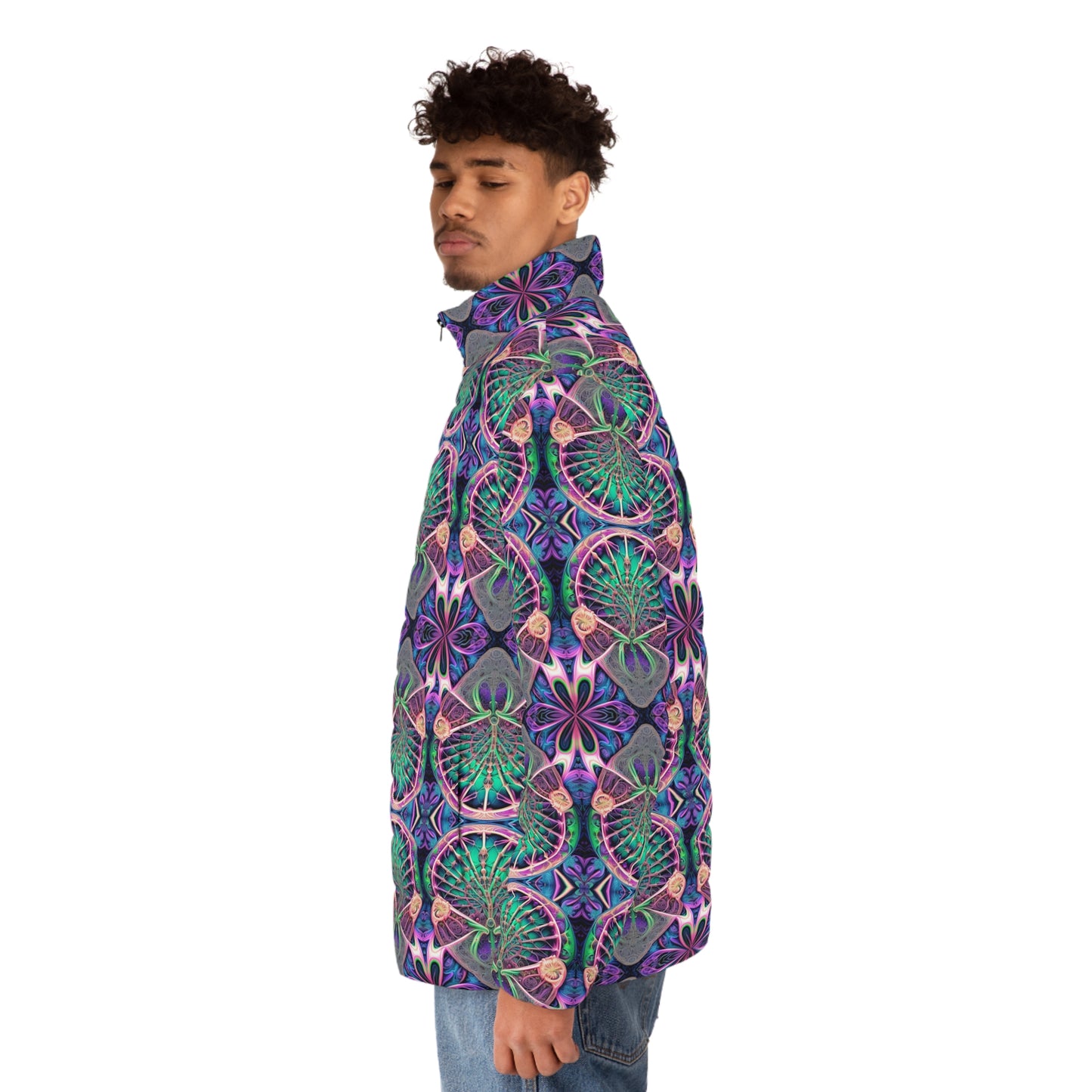 PSYCH 01 Men’s Puffer Jacket – Bold Psychedelic Festival Outerwear