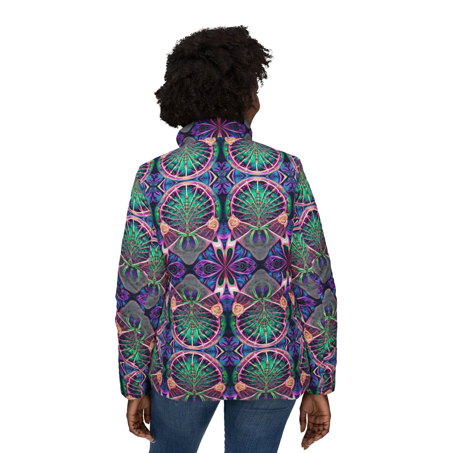 PSYCH 01 Women’s Puffer Jacket – Vibrant Psychedelic Festival & Streetwear Outerwear