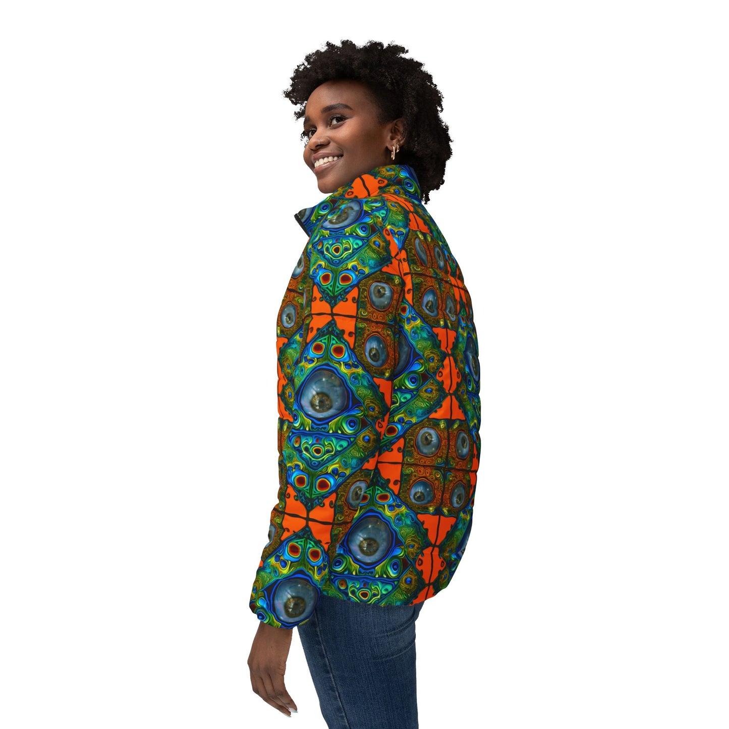 Tiles 01 Women's Puffer Jacket – Vibrant Geometric Psychedelic Eye Motif Outerwear