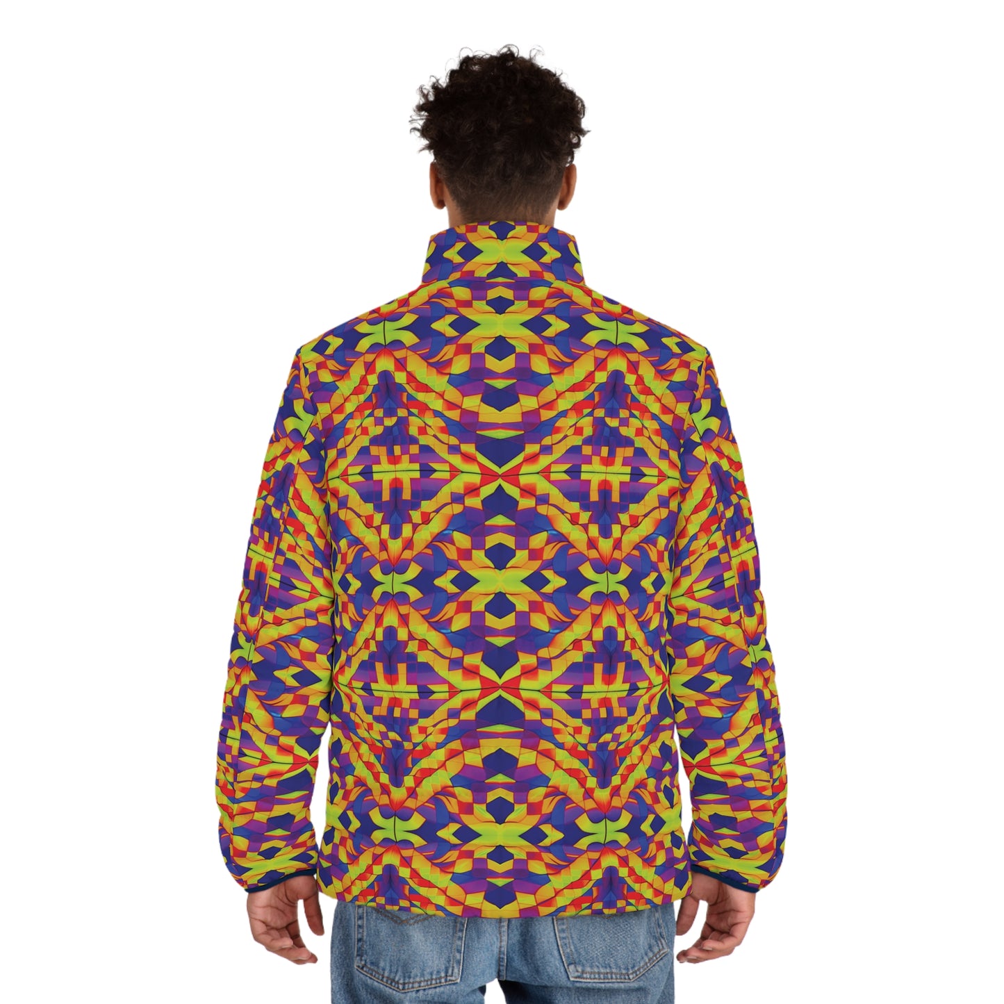 NuPlaid 01 Men's Puffer Jacket – Psychedelic Geometric Rave EDM Festival Outerwear