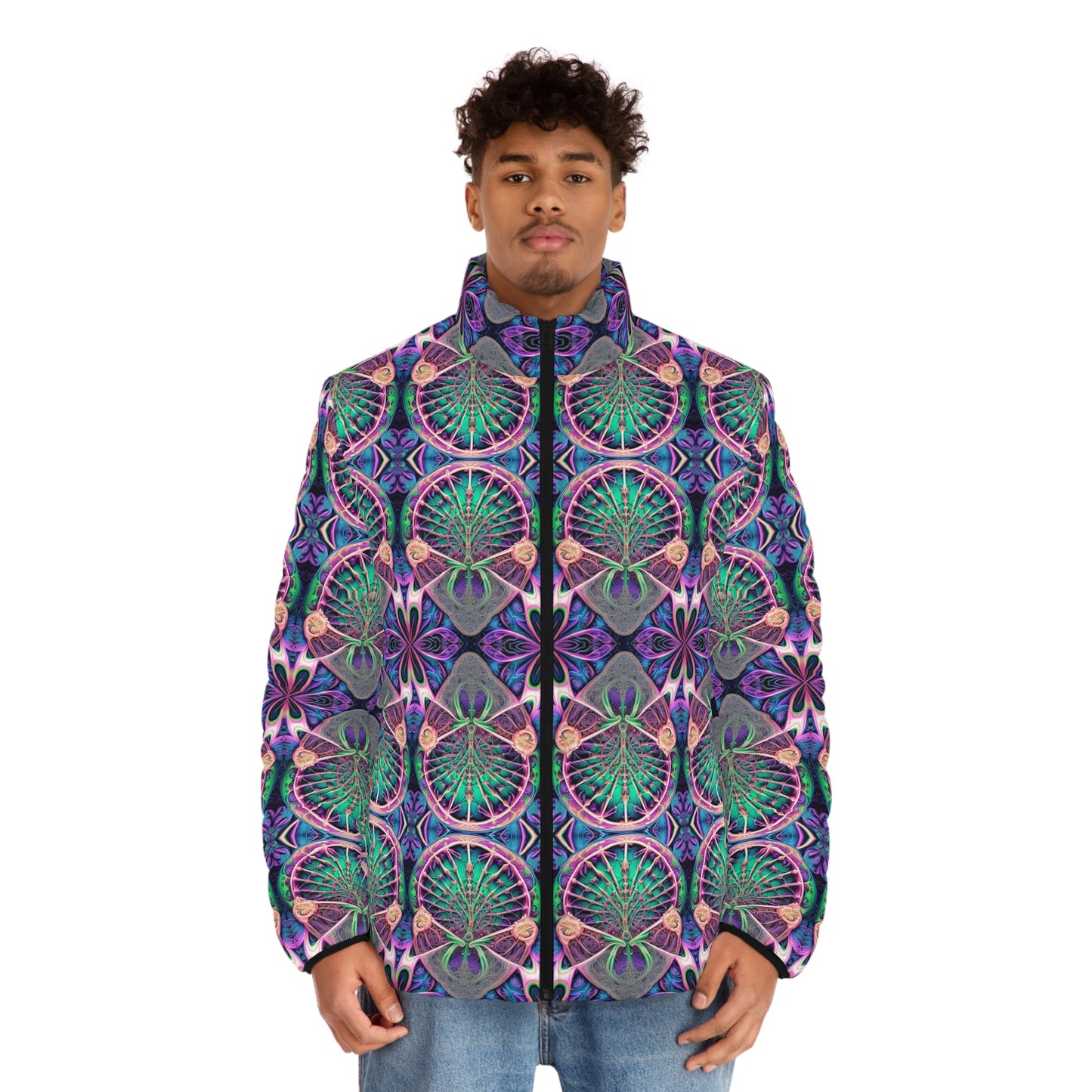PSYCH 01 Men’s Puffer Jacket – Bold Psychedelic Festival Outerwear