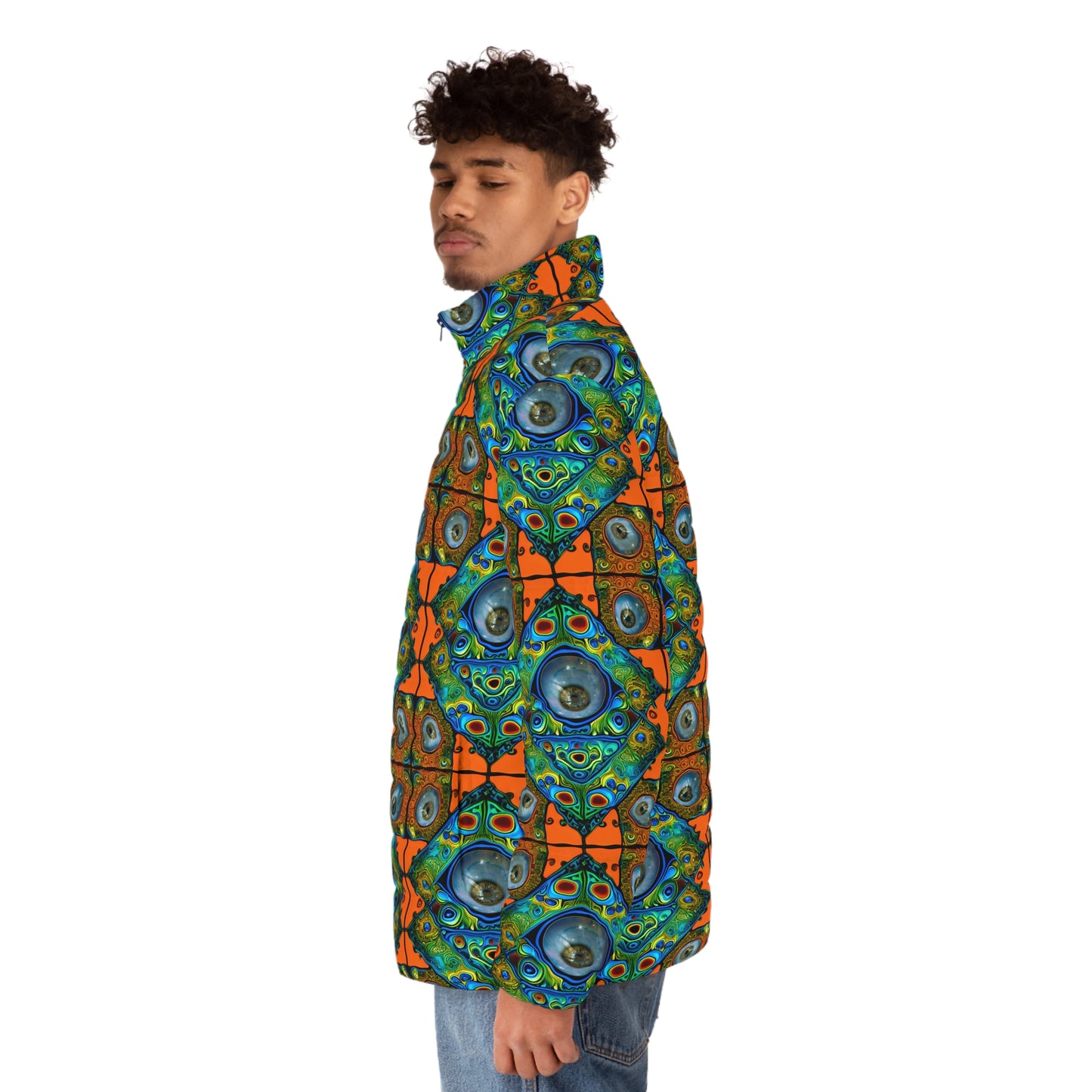 Tiles 01 Men's Puffer Jacket – Bold Geometric Psychedelic Eye Motif Festival Outerwear