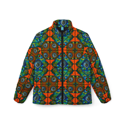 Tiles 01 Women's Puffer Jacket – Vibrant Geometric Psychedelic Eye Motif Outerwear