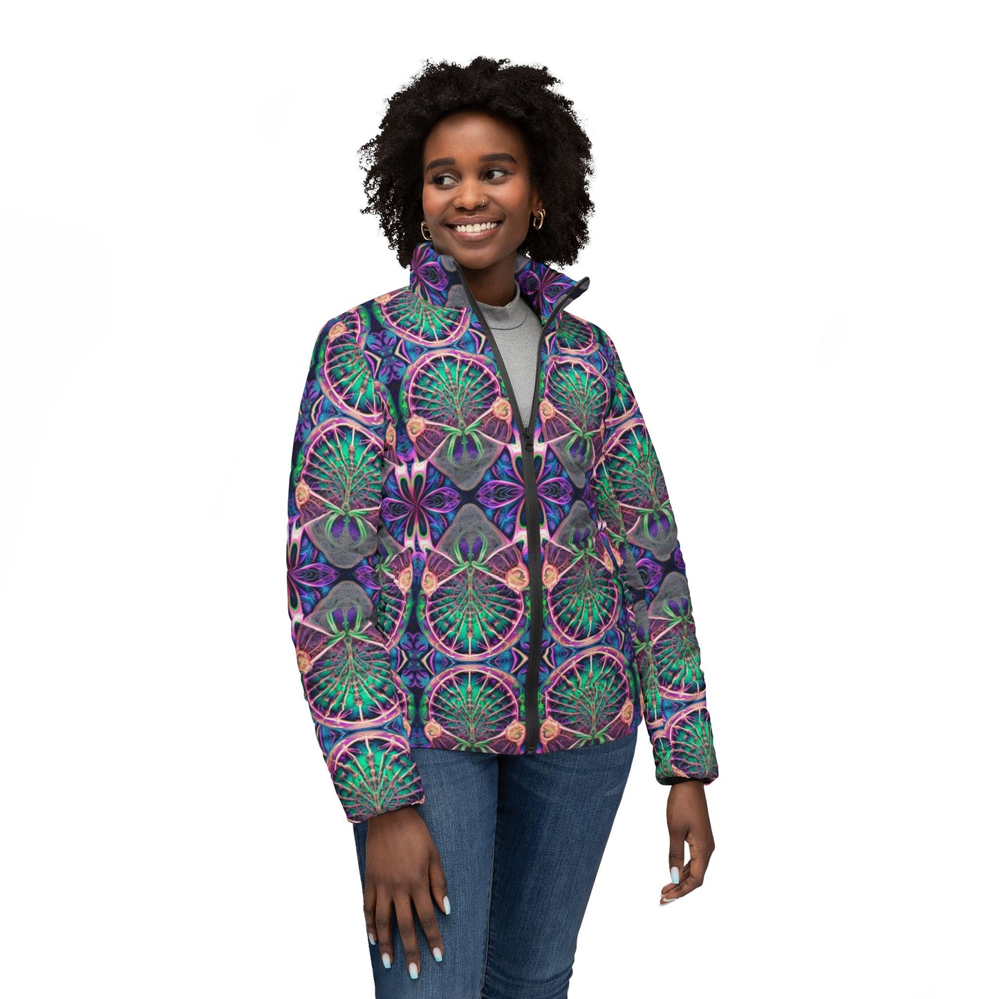 PSYCH 01 Women’s Puffer Jacket – Vibrant Psychedelic Festival & Streetwear Outerwear