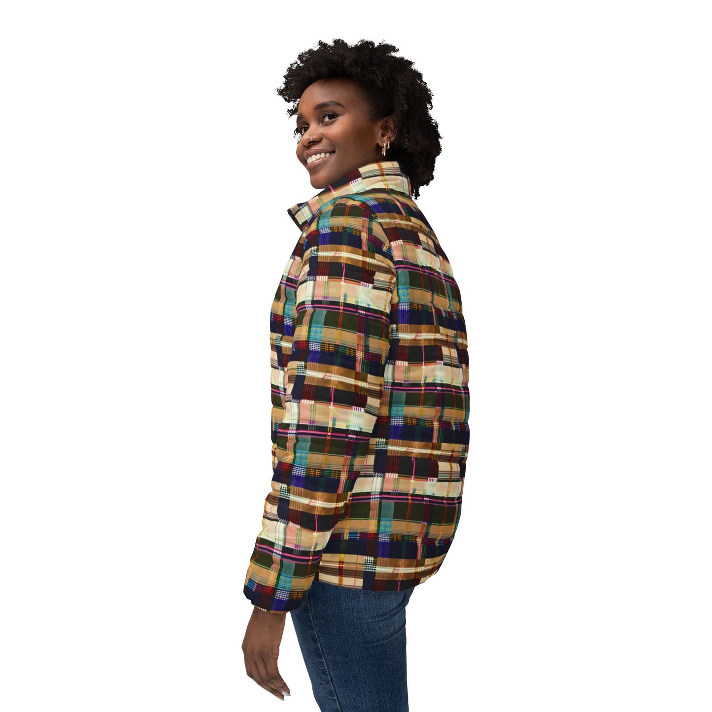 NuPlaid 04 Women’s Puffer Jacket – Modern Plaid-Inspired Festival & Streetwear Outerwear