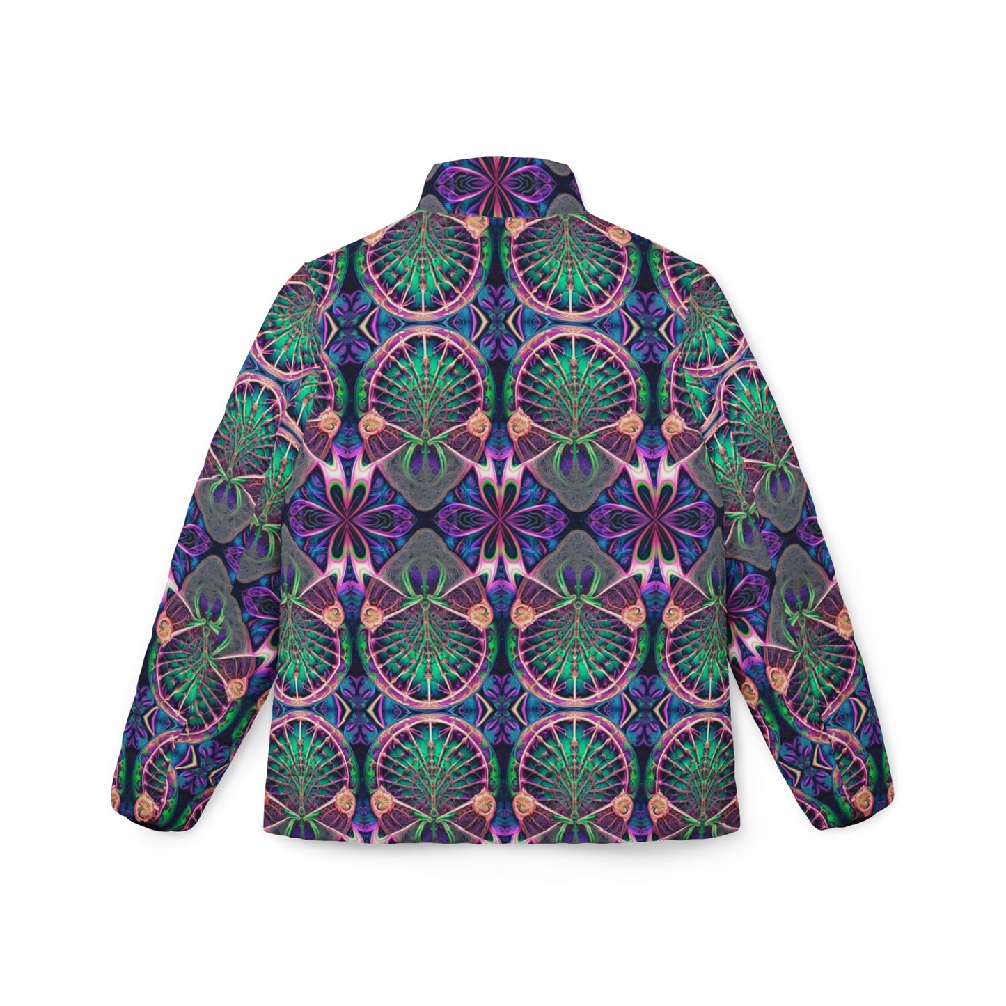 PSYCH 01 Women’s Puffer Jacket – Vibrant Psychedelic Festival & Streetwear Outerwear