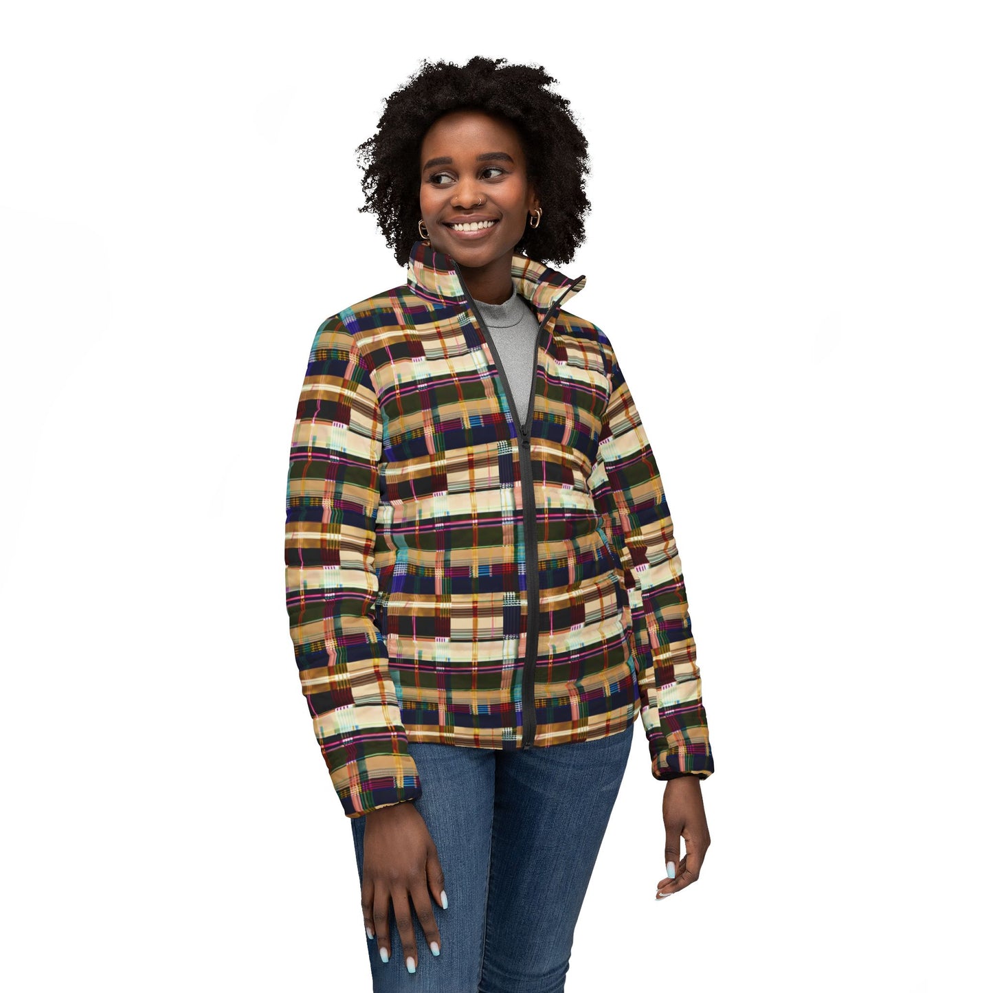 NuPlaid 04 Women’s Puffer Jacket – Modern Plaid-Inspired Festival & Streetwear Outerwear