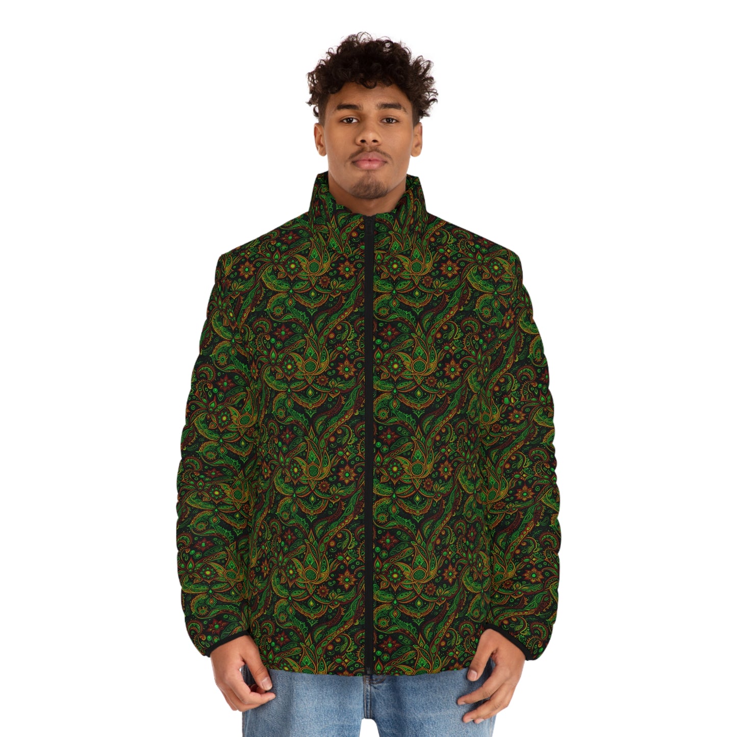 NuPaisley 01 Men’s Puffer Jacket – Bold Paisley-Inspired Festival & Streetwear Outerwear