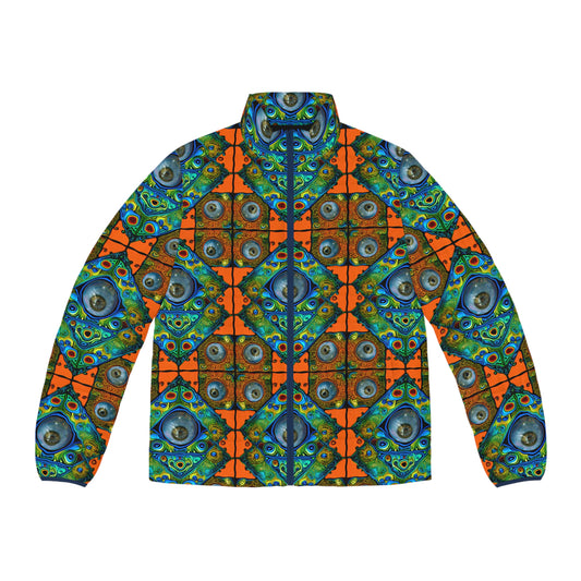 Tiles 01 Men's Puffer Jacket – Bold Geometric Psychedelic Eye Motif Festival Outerwear