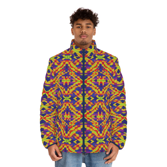 NuPlaid 01 Men's Puffer Jacket – Psychedelic Geometric Rave EDM Festival Outerwear
