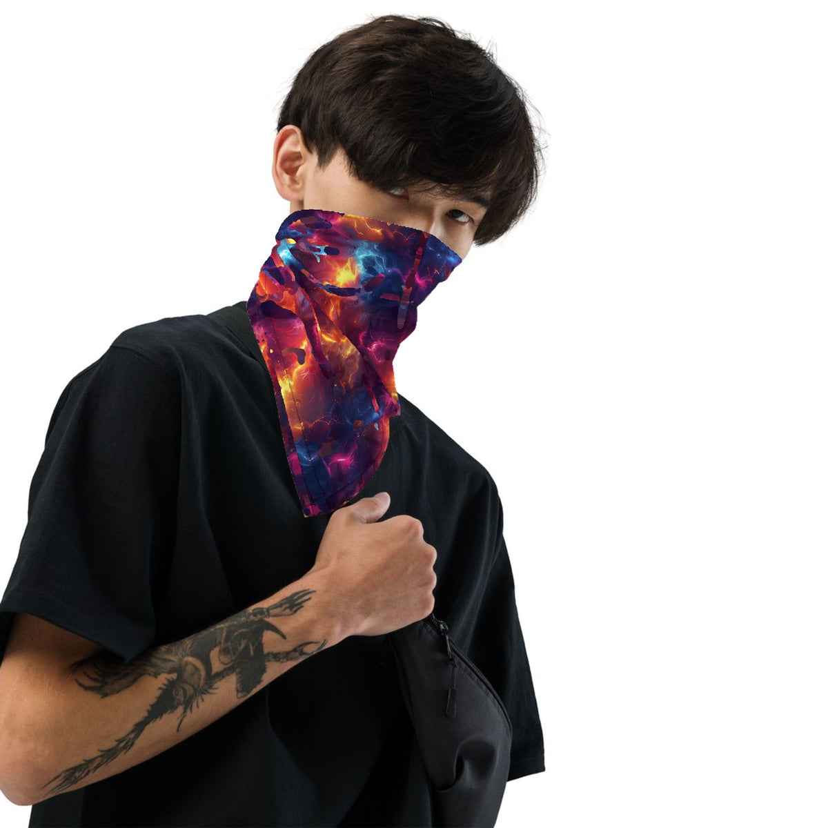 Custom all over print bandana with a lightning nebula pattern, worn over the face