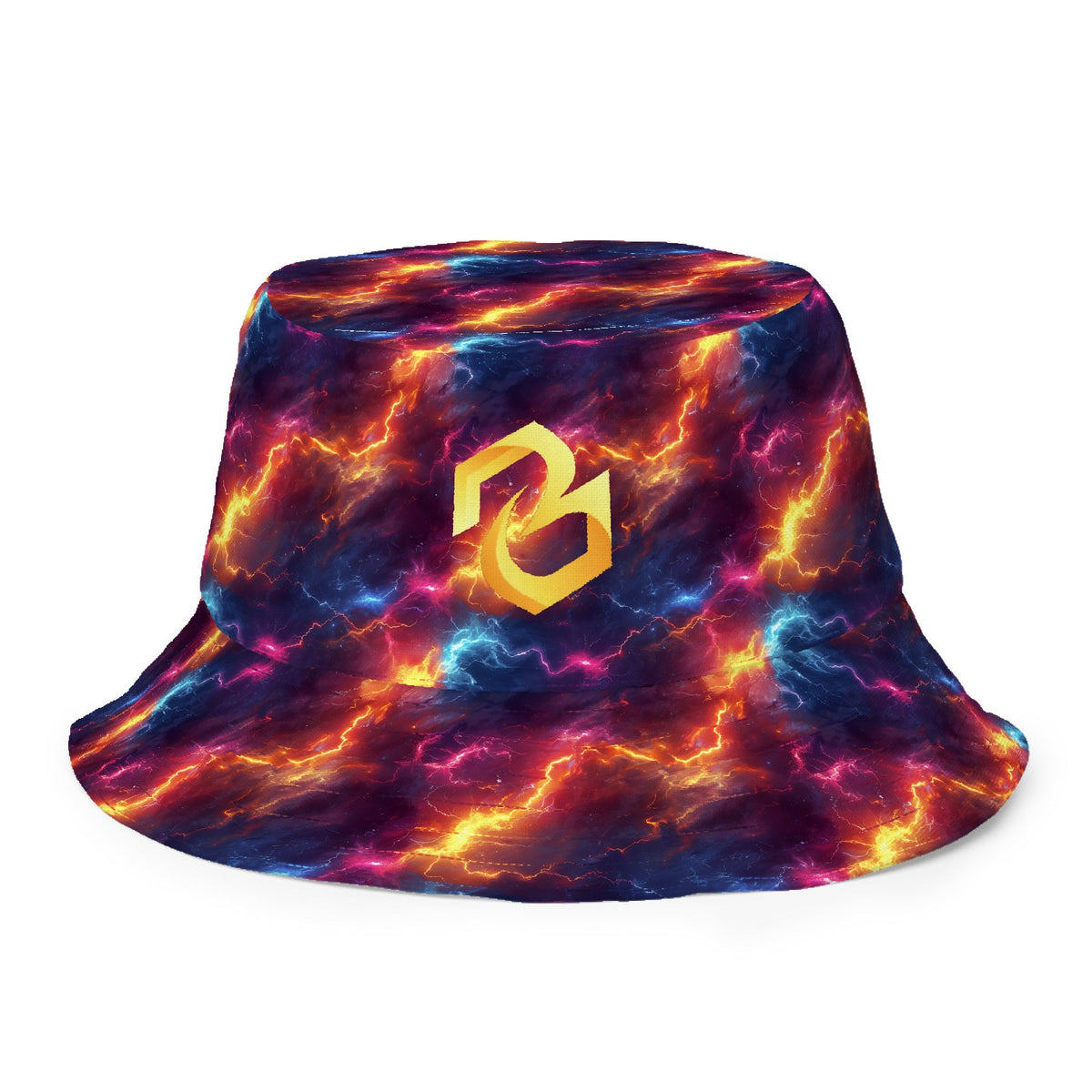 Custom all over print bucket hat with a lightning nebula pattern
