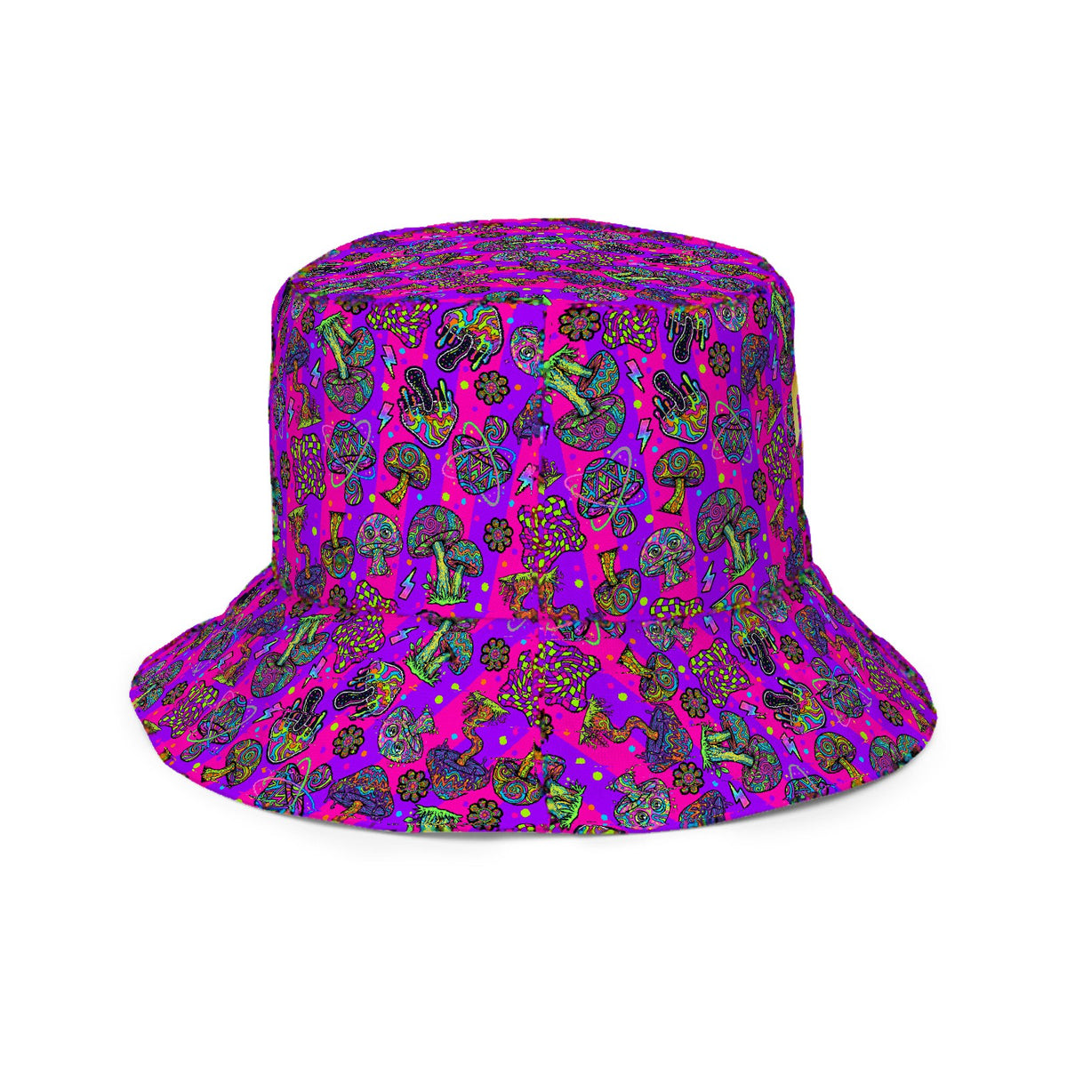 Custom all over print bucket hat with a psychedelic mushroom pattern, side view