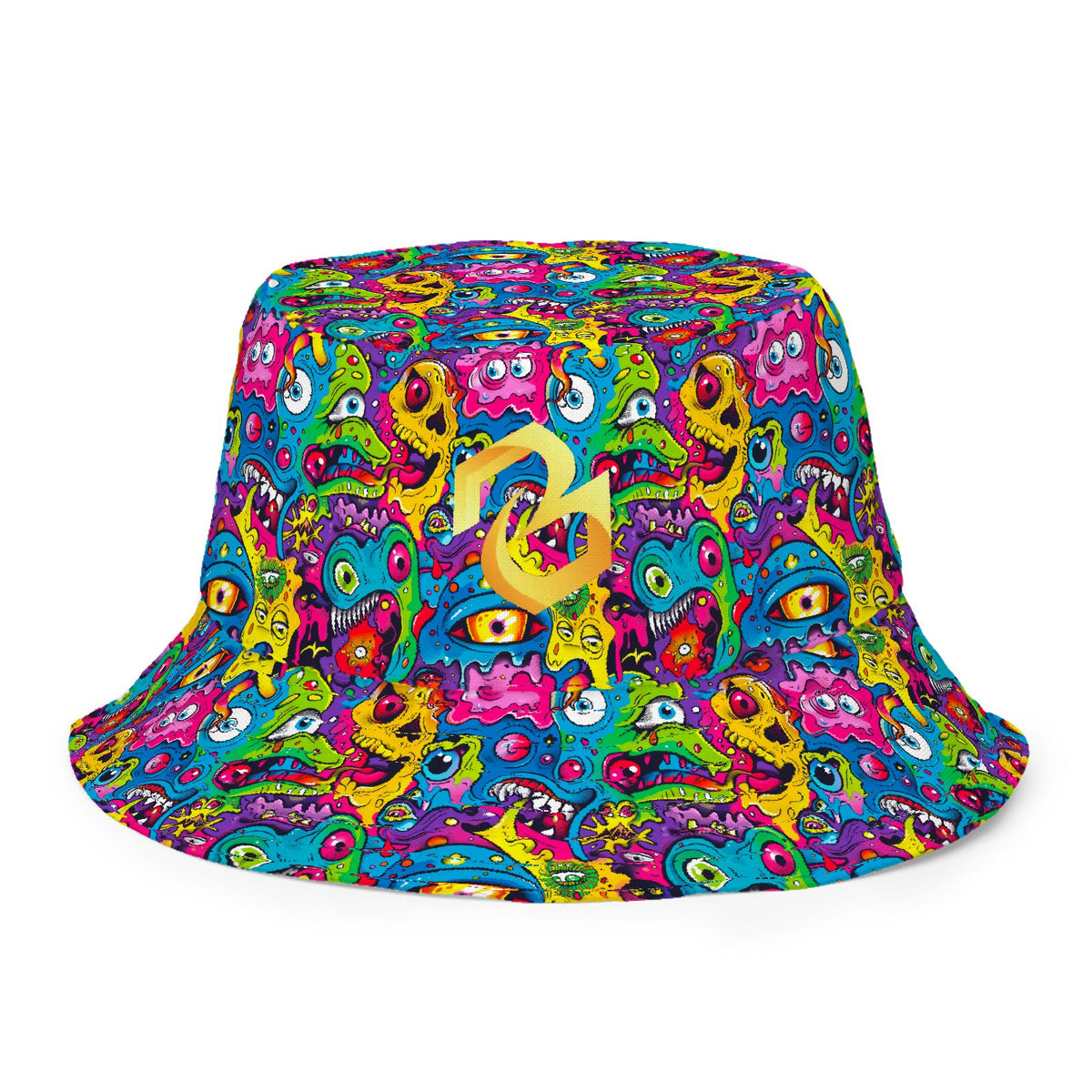 Custom all over print bucket hat with a psychedelic cartoon pattern