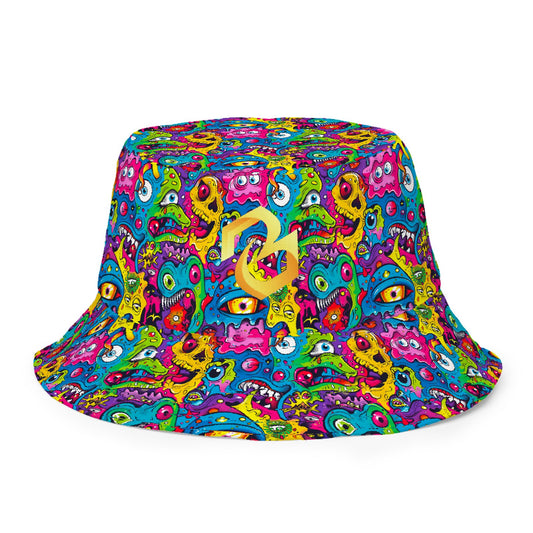 Custom all over print bucket hat with a psychedelic cartoon pattern