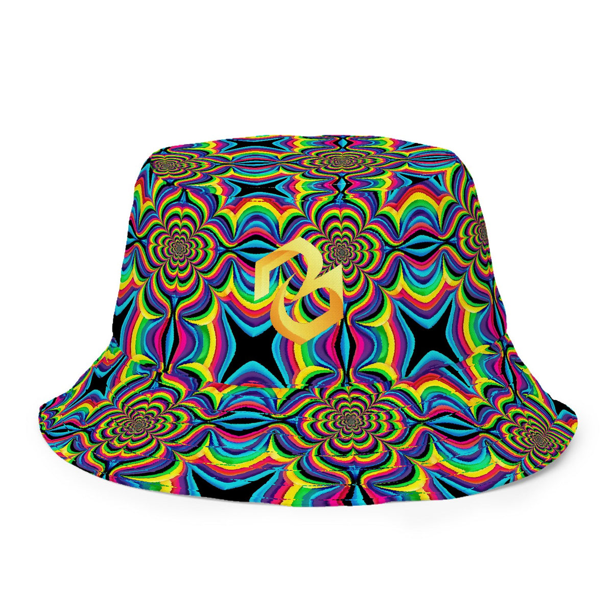 Custom all over print bucket hat with a rainbow optical illusion pattern