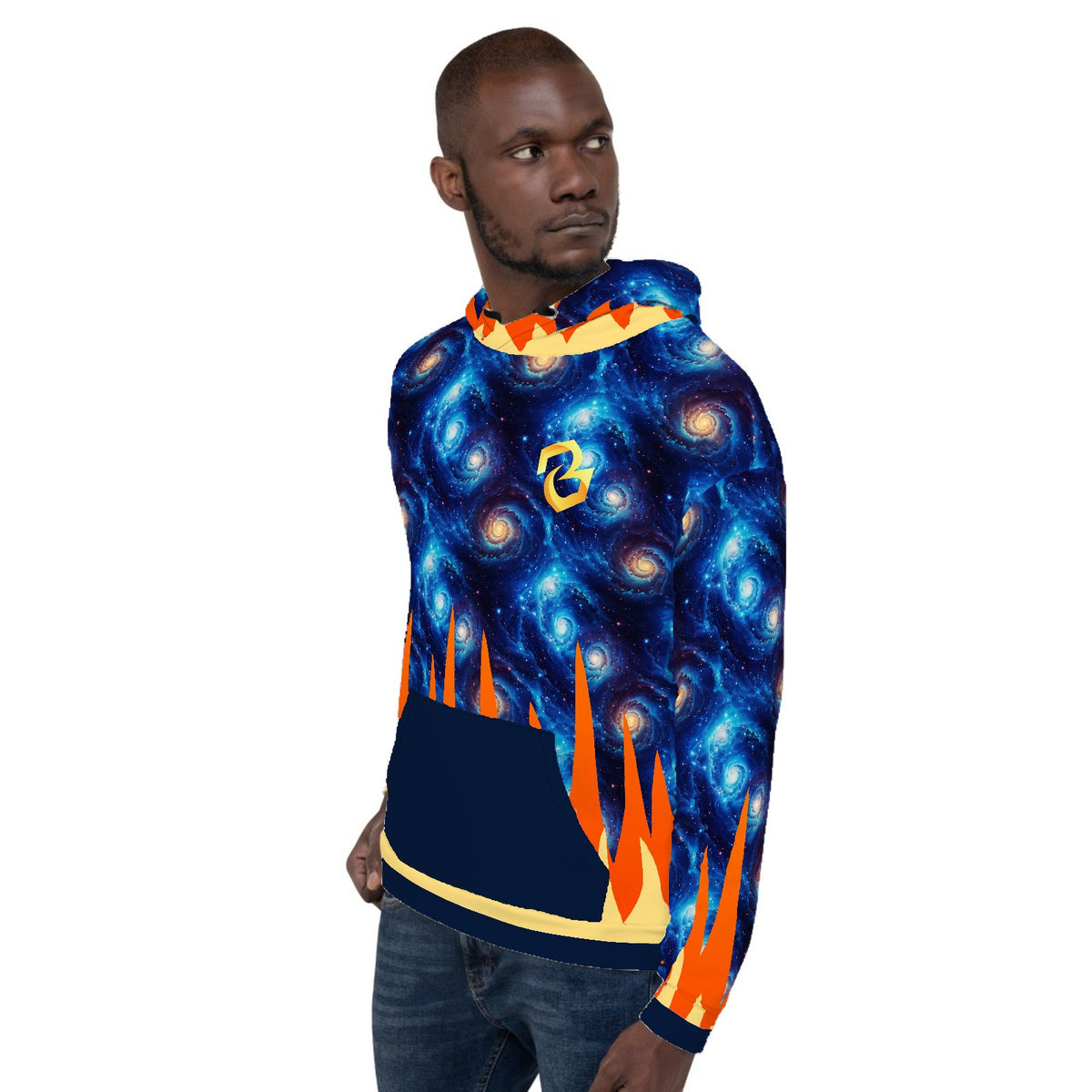 Custom all over print hoodie with flames over a spiral galaxy pattern
