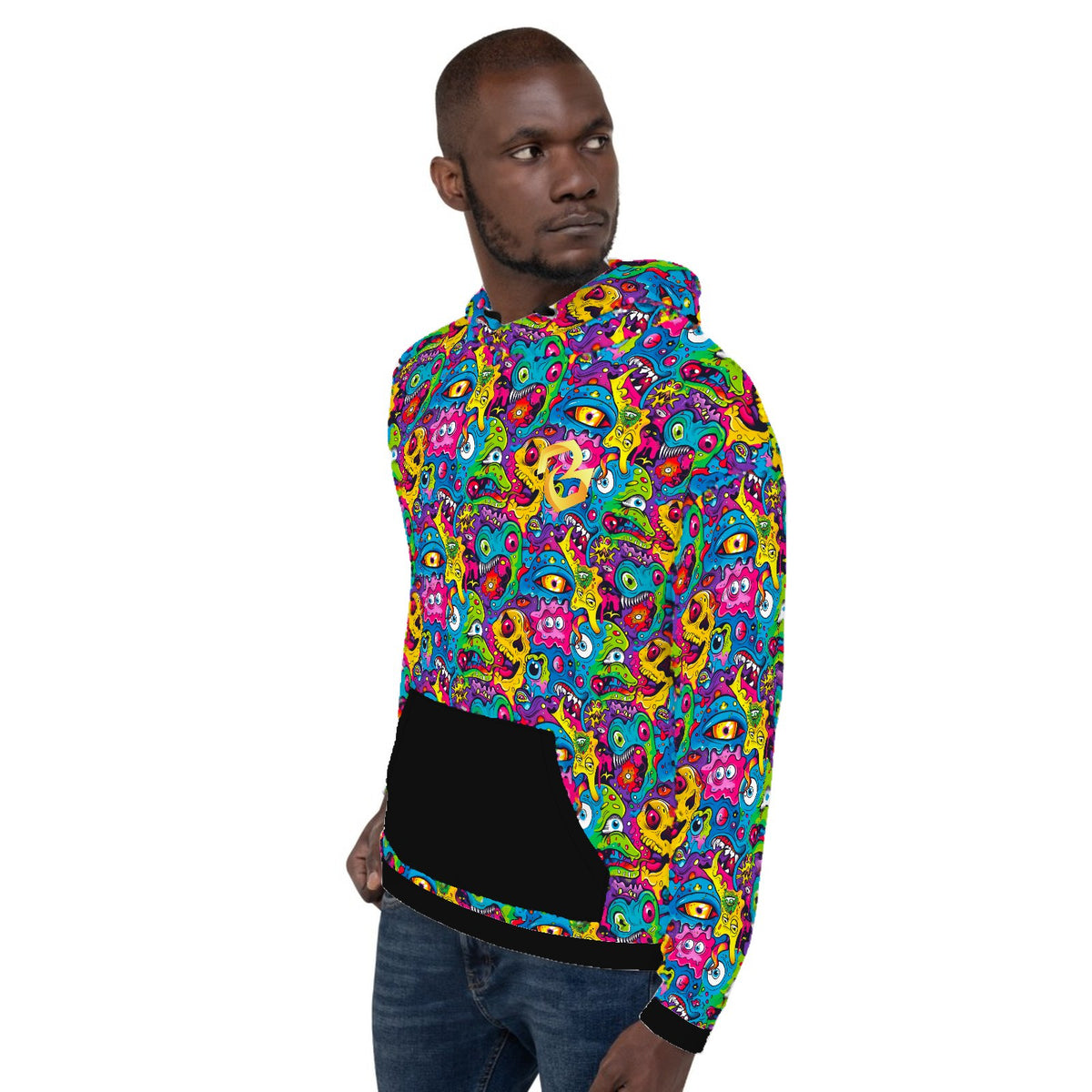 Custom all over print hoodie with a psychedelic cartoon pattern