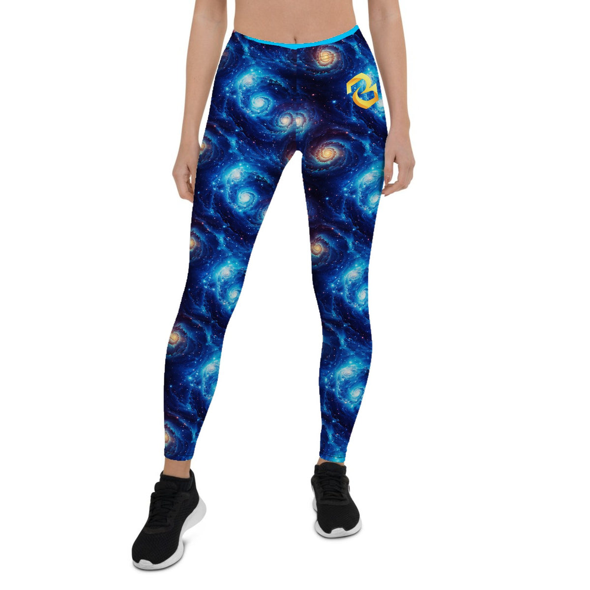 Custom all over print leggings with a spiral galaxy pattern