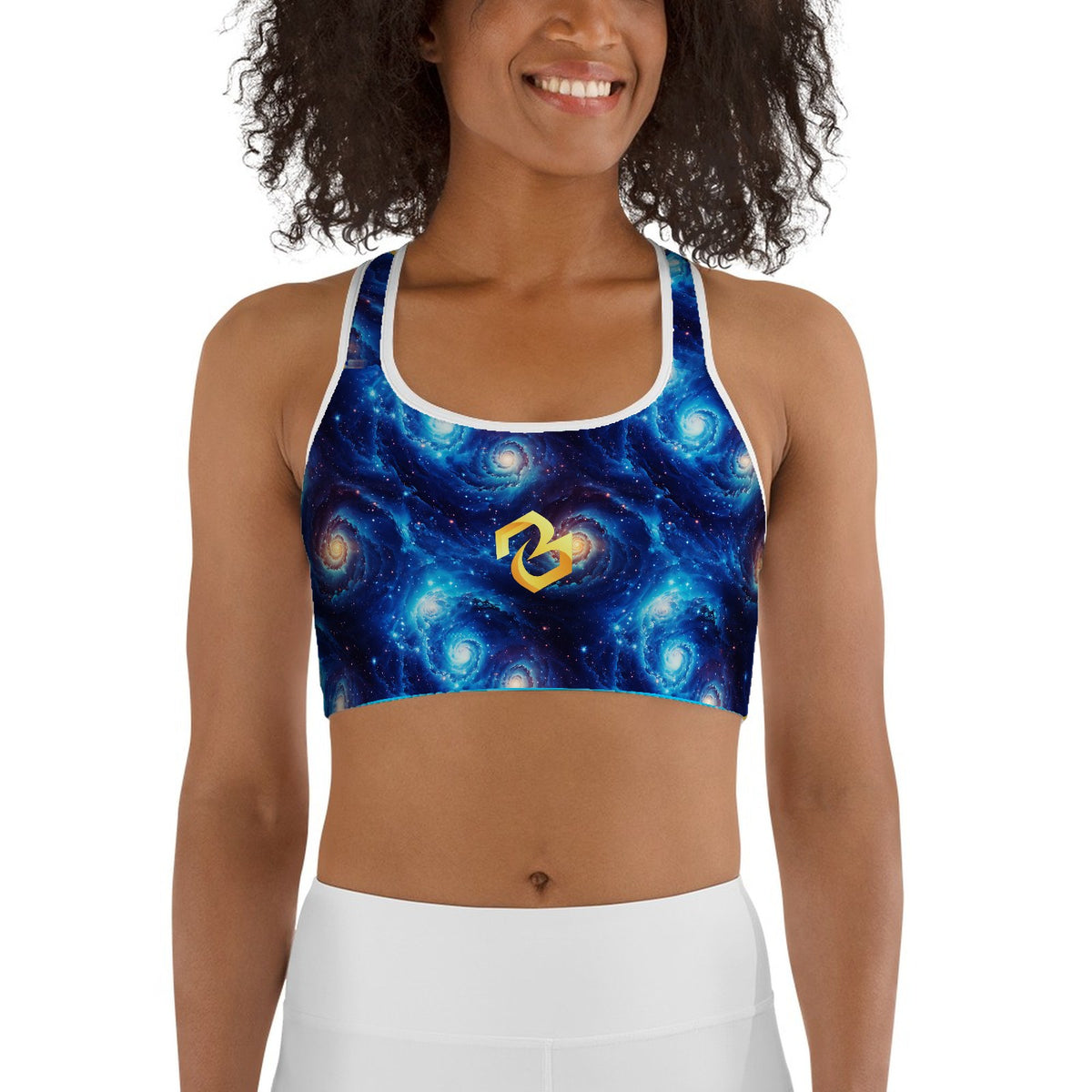 Custom all over print sports bra with a spiral galaxy pattern