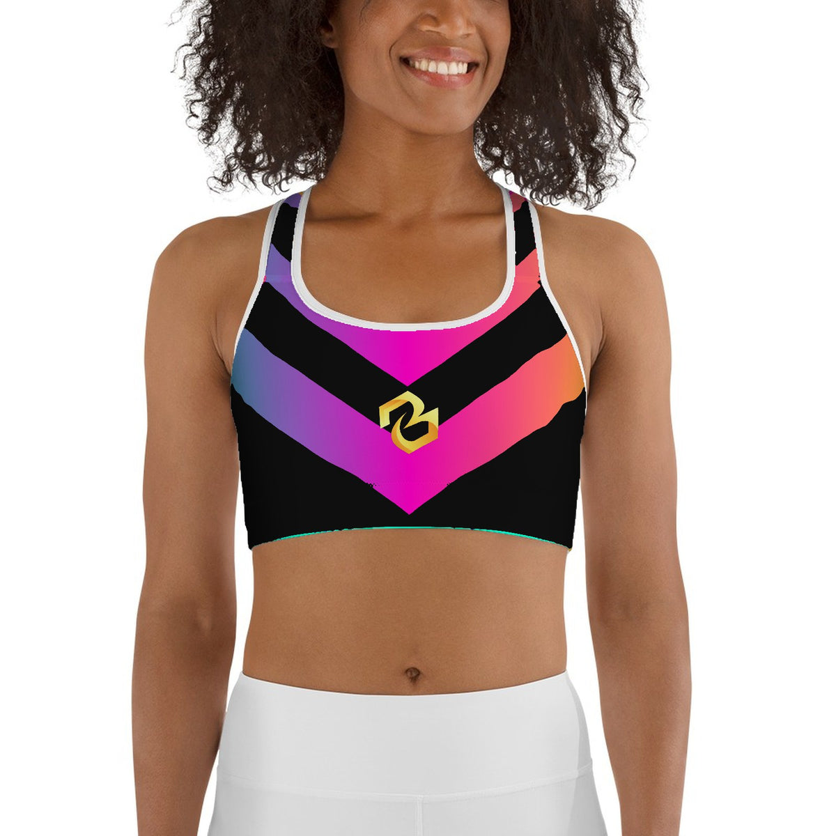 Custom all over print sports bra with neon chevron stripes