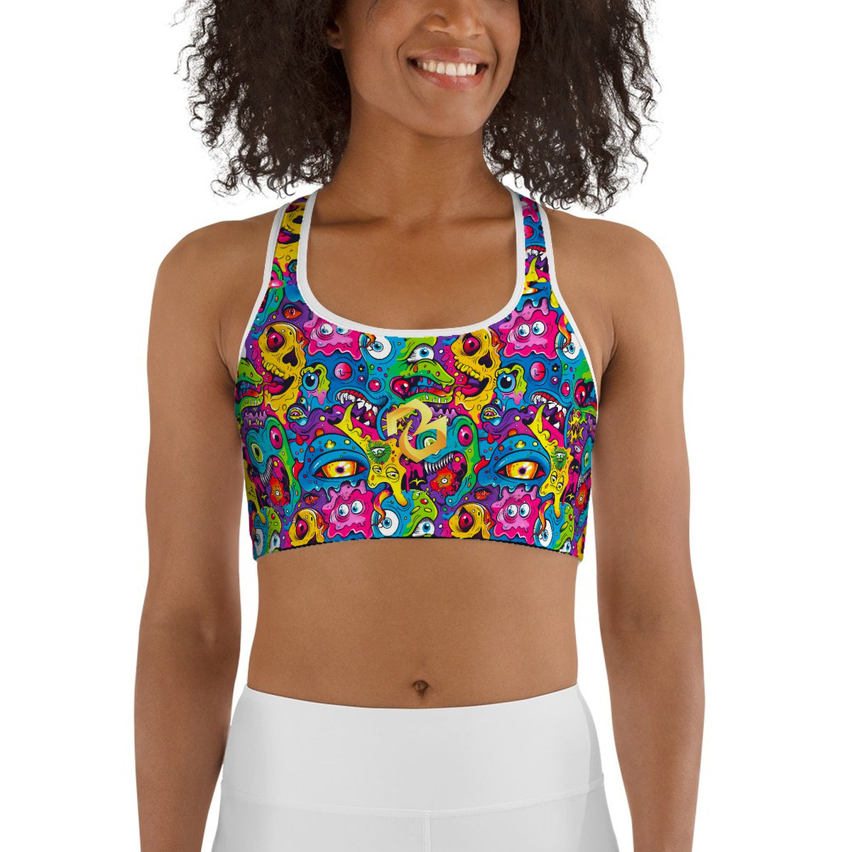 Custom all over print sports bra with a psychedelic cartoon pattern