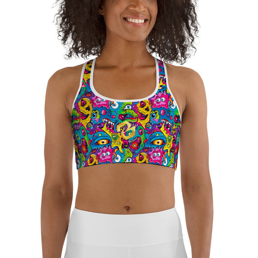Custom all over print sports bra with a psychedelic cartoon pattern
