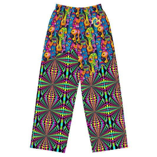 Custom all over print wide leg pants with psychedelic cartoons and trippy rays