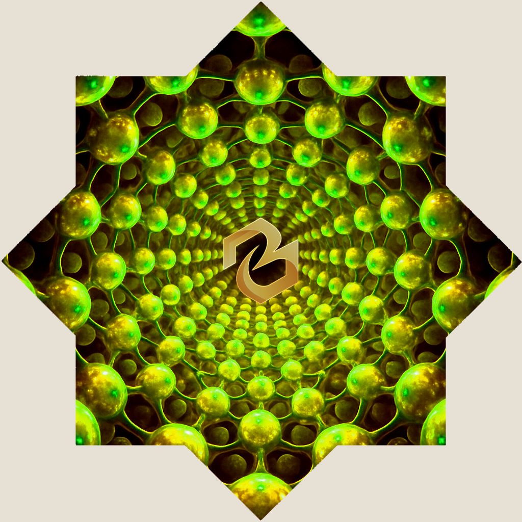 A square graphic with a star-like pointed border surrounding a glowing green and yellow tunnel-like pattern made of repeating rounded spheres. A metallic gold abstract logo is centered over the design.